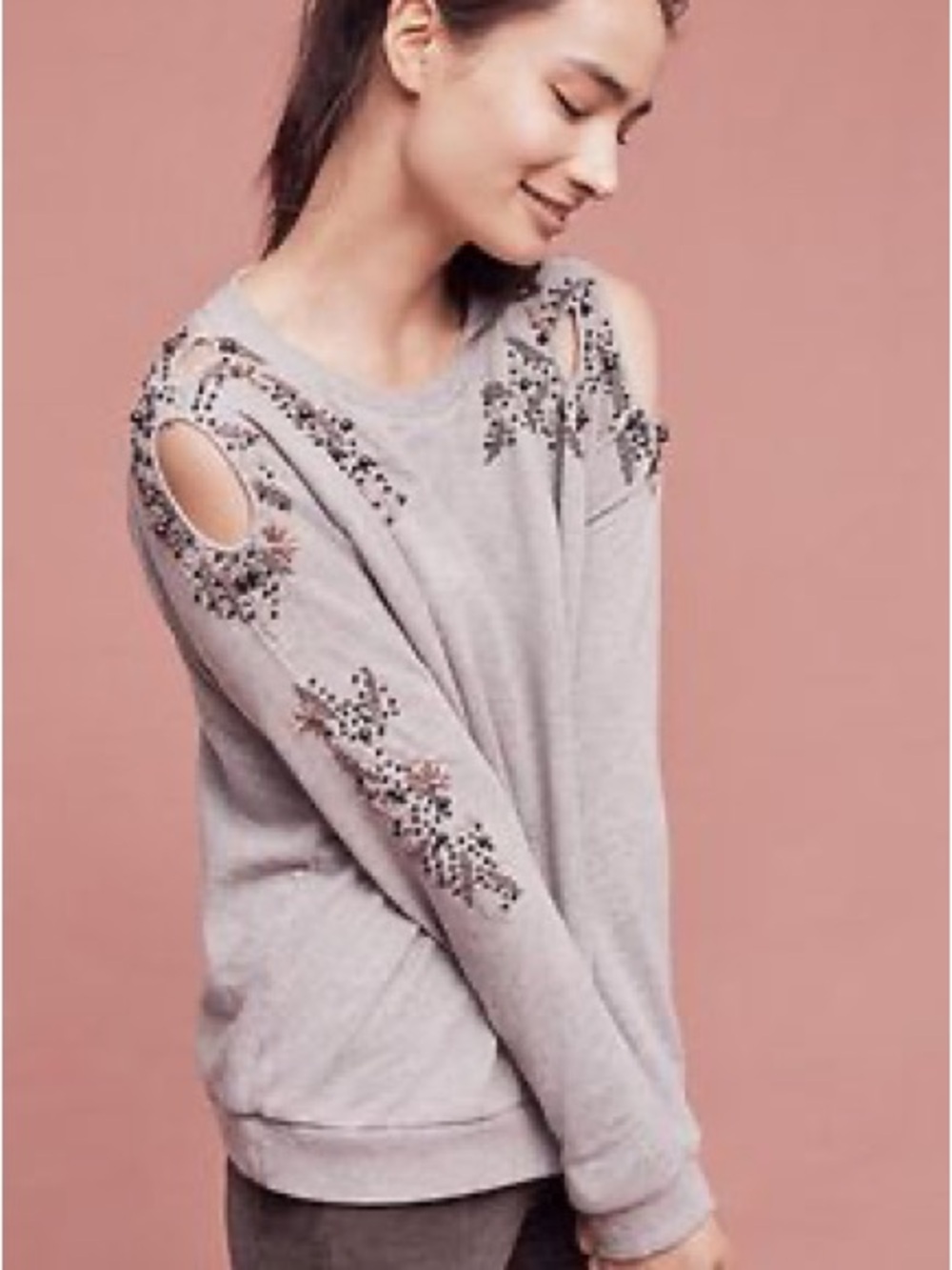 Anthropologie Embellished Cold-Shoulder Sweater in Light Gray